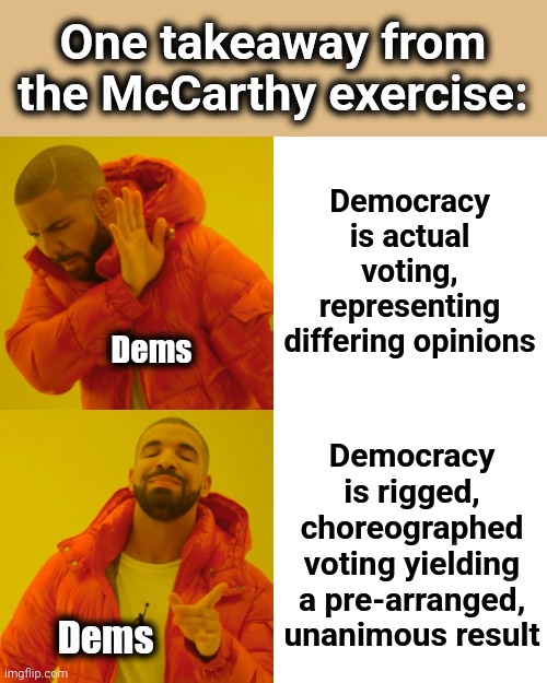 Messy, but instructive | One takeaway from the McCarthy exercise:; Democracy is actual voting, representing differing opinions; Dems; Democracy is rigged,
choreographed voting yielding
a pre-arranged,
unanimous result; Dems | image tagged in memes,drake hotline bling,democracy,kevin mccarthy,democrats,house speaker | made w/ Imgflip meme maker