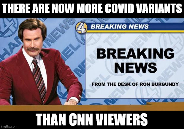 Breaking News | THERE ARE NOW MORE COVID VARIANTS; THAN CNN VIEWERS | image tagged in breaking news,memes,cnn fake news,ron burgundy,covid-19,first world problems | made w/ Imgflip meme maker
