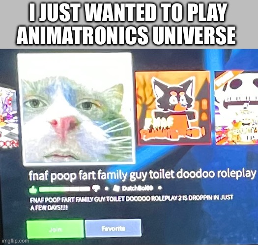 What is this?!! | I JUST WANTED TO PLAY ANIMATRONICS UNIVERSE | image tagged in fnaf | made w/ Imgflip meme maker