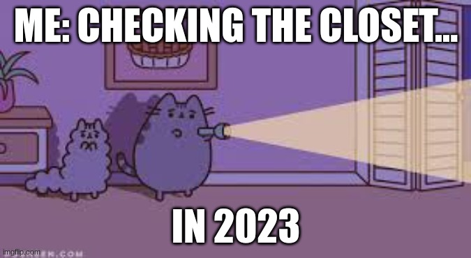 ME: CHECKING THE CLOSET... IN 2023 | image tagged in pusheen | made w/ Imgflip meme maker