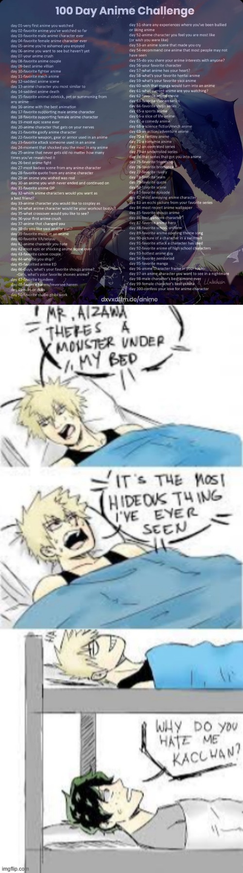 Day 43: BakuDeku | image tagged in 100 day anime challenge,theres a monster under my bed,bakudeku,canon,day 43 | made w/ Imgflip meme maker