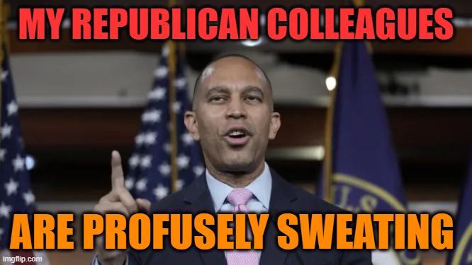 Hakeem Jeffries | MY REPUBLICAN COLLEAGUES ARE PROFUSELY SWEATING | image tagged in hakeem jeffries | made w/ Imgflip meme maker