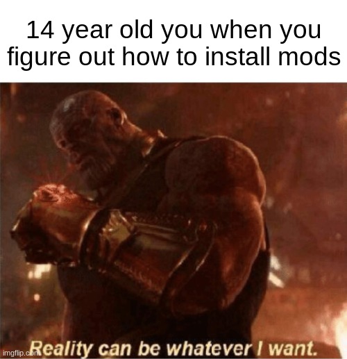 Reality can be whatever I want. | 14 year old you when you figure out how to install mods | image tagged in reality can be whatever i want | made w/ Imgflip meme maker