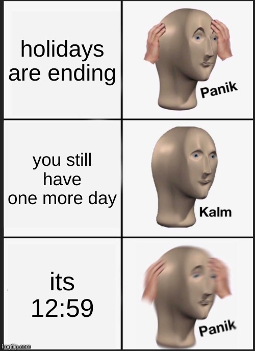 Panik Kalm Panik | holidays are ending; you still have one more day; its 12:59 | image tagged in memes,panik kalm panik | made w/ Imgflip meme maker