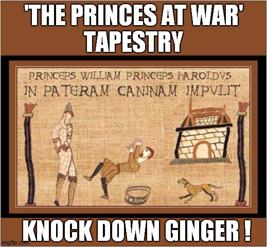 For All You Royal Watchers Out There ! | 'THE PRINCES AT WAR'
TAPESTRY; KNOCK DOWN GINGER ! | image tagged in prince william,prince harry,fight,bayeux tapestry,dark humour | made w/ Imgflip meme maker
