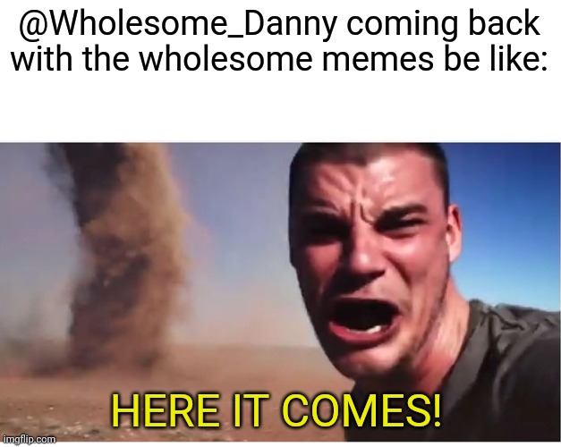 Here it come meme | @Wholesome_Danny coming back with the wholesome memes be like: HERE IT COMES! | image tagged in here it come meme | made w/ Imgflip meme maker