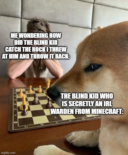 Guess who died..! (Also i never threw rocks at people) | ME WONDERING HOW DID THE BLIND KID CATCH THE ROCK I THREW AT HIM AND THROW IT BACK:; THE BLIND KID WHO IS SECRETLY AN IRL WARDEN FROM MINECRAFT: | image tagged in chess doge,blind kid,minecraft warden,throwing rocks | made w/ Imgflip meme maker