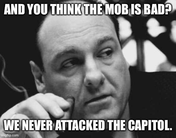 Tony Soprano Admin Gangster | AND YOU THINK THE MOB IS BAD? WE NEVER ATTACKED THE CAPITOL. | image tagged in tony soprano admin gangster | made w/ Imgflip meme maker