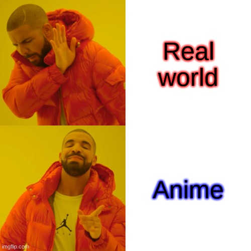 Drake Hotline Bling Meme | Real world; Anime | image tagged in memes,drake hotline bling | made w/ Imgflip meme maker