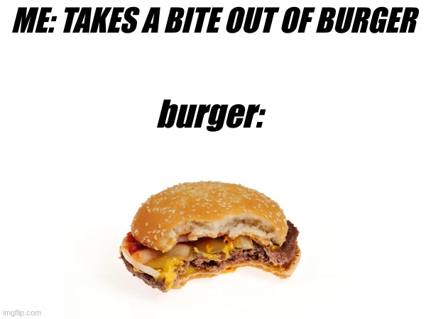 ... | ME: TAKES A BITE OUT OF BURGER; burger: | image tagged in meme,memes,funny,lol,weird | made w/ Imgflip meme maker