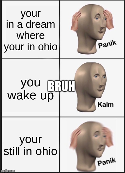 Panik Kalm Panik | your in a dream where your in ohio; you wake up; BRUH; your still in ohio | image tagged in memes,panik kalm panik | made w/ Imgflip meme maker