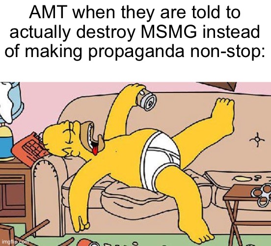 friendly fire LMFAOOO -spider | AMT when they are told to actually destroy MSMG instead of making propaganda non-stop: | image tagged in homer-lazy | made w/ Imgflip meme maker