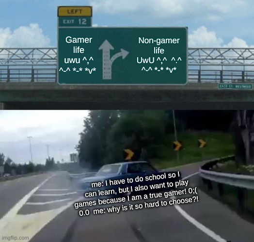Left Exit 12 Off Ramp | Gamer life uwu ^,^
^-^ *-* *v*; Non-gamer life UwU ^,^  ^.^ ^-^ *-* *v*; me: I have to do school so I can learn, but I also want to play games because I am a true gamer! 0;(  
0.0  me: why is it so hard to choose?! | image tagged in memes,left exit 12 off ramp | made w/ Imgflip meme maker