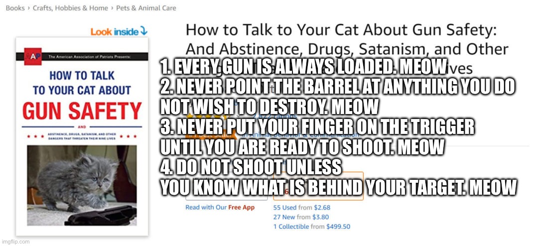 1. EVERY GUN IS ALWAYS LOADED. MEOW

2. NEVER POINT THE BARREL AT ANYTHING YOU DO NOT WISH TO DESTROY. MEOW
3. NEVER PUT YOUR FINGER ON THE TRIGGER UNTIL YOU ARE READY TO SHOOT. MEOW
4. DO NOT SHOOT UNLESS YOU KNOW WHAT IS BEHIND YOUR TARGET. MEOW | image tagged in guns | made w/ Imgflip meme maker