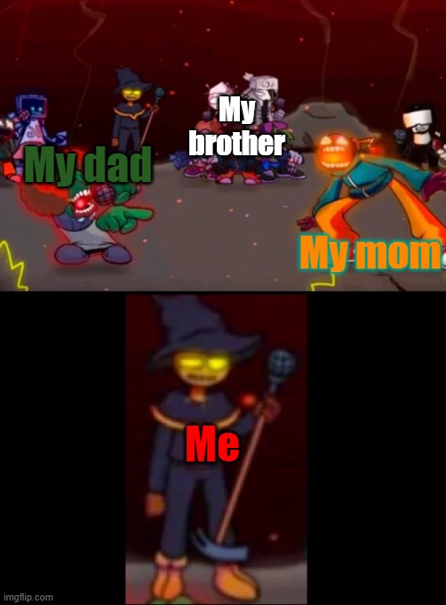 This literally happens when my mom is angry at my dad for passing gas... | My brother; My mom; My dad; Me | image tagged in zardy's pure dissapointment,zardy's maze | made w/ Imgflip meme maker