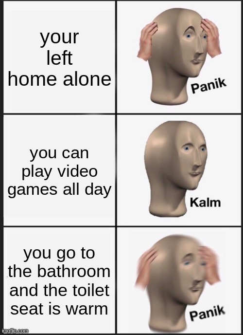 panik | your left home alone; you can play video games all day; you go to the bathroom and the toilet seat is warm | image tagged in memes,panik kalm panik | made w/ Imgflip meme maker