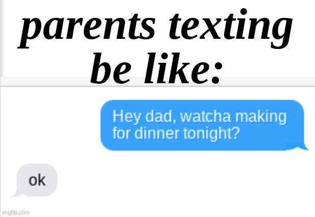 I hate the wodr "ok" | parents texting
be like: | made w/ Imgflip meme maker