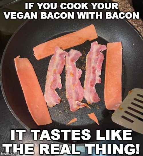 Life Hack for Vegan Bacon | IF YOU COOK YOUR VEGAN BACON WITH BACON; IT TASTES LIKE THE REAL THING! | image tagged in bacon,cooking,vegan,vegetarian,life hack | made w/ Imgflip meme maker
