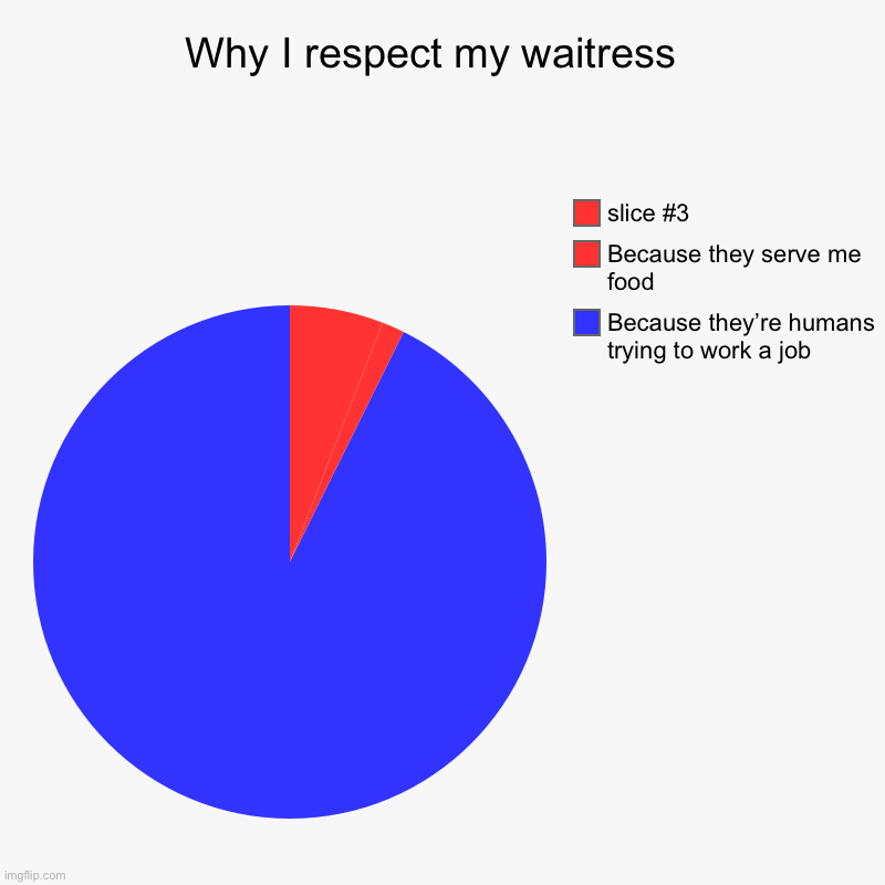Why I respect my waitress  | Because they’re humans trying to work a job, Because they serve me food | image tagged in charts,pie charts,wholesome | made w/ Imgflip chart maker