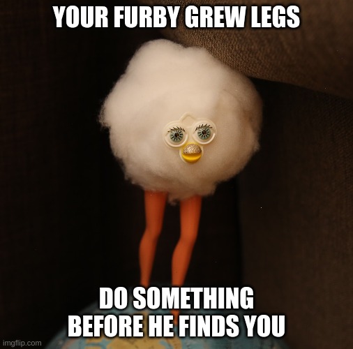 uh oh ending | YOUR FURBY GREW LEGS; DO SOMETHING BEFORE HE FINDS YOU | image tagged in cursed image | made w/ Imgflip meme maker