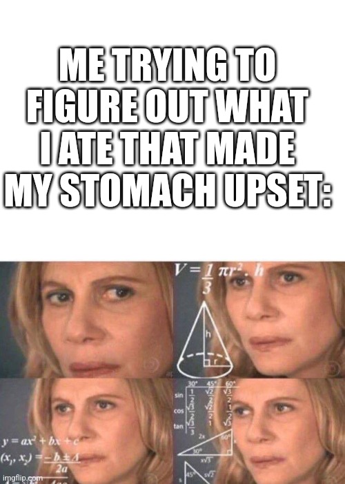 Everything | ME TRYING TO FIGURE OUT WHAT I ATE THAT MADE MY STOMACH UPSET: | image tagged in blank white template,math lady/confused lady,stomach,sick | made w/ Imgflip meme maker
