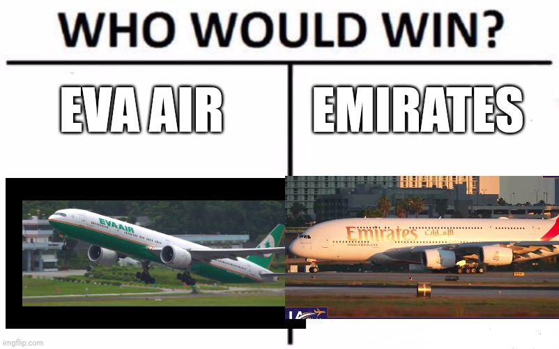 Who Would Win? Meme | EMIRATES; EVA AIR | image tagged in memes,who would win,airplane,plane | made w/ Imgflip meme maker