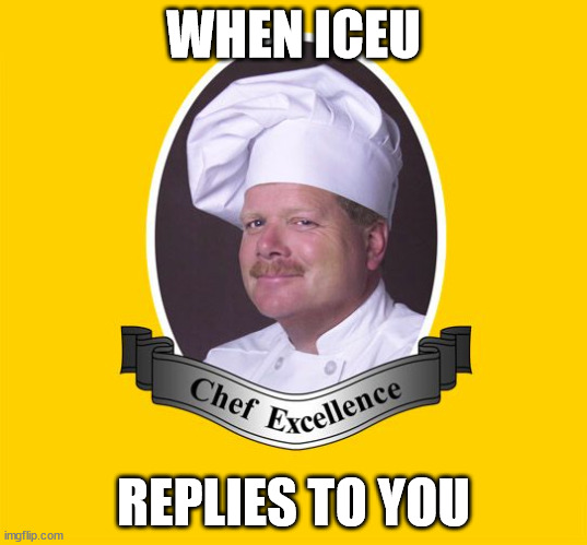 chef excellence | WHEN ICEU; REPLIES TO YOU | image tagged in chef excellence hd | made w/ Imgflip meme maker