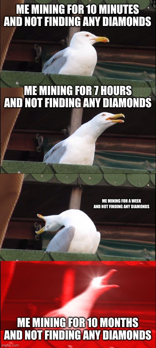 IVE BEEN MINING FOR OVER 7 YEARS AND I ONLY HAVE A DIAMOND PIX | ME MINING FOR 10 MINUTES AND NOT FINDING ANY DIAMONDS; ME MINING FOR 7 HOURS AND NOT FINDING ANY DIAMONDS; ME MINING FOR A WEEK AND NOT FINDING ANY DIAMONDS; ME MINING FOR 10 MONTHS AND NOT FINDING ANY DIAMONDS | image tagged in memes,inhaling seagull | made w/ Imgflip meme maker