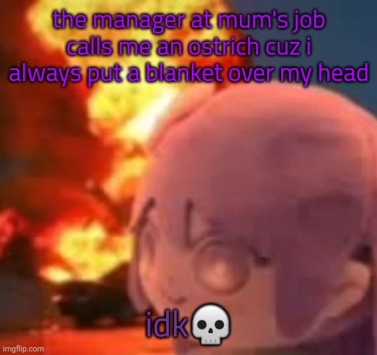 AHDJXKKXM3MDKSYSYXYID924U47SNWIIDIF7JCMSVETOVMT86W4QB4JV9S6WJ4B4OE9Q8201RHBRPW | the manager at mum's job calls me an ostrich cuz i always put a blanket over my head; idk💀 | image tagged in msmg | made w/ Imgflip meme maker