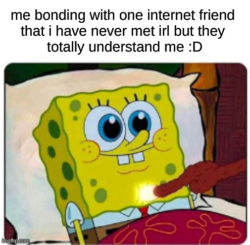 here's some relatable wholesome content. |  me bonding with one internet friend 
that i have never met irl but they 
totally understand me :D | image tagged in wholesome 100,spongebob squarepants,have a nice day | made w/ Imgflip meme maker