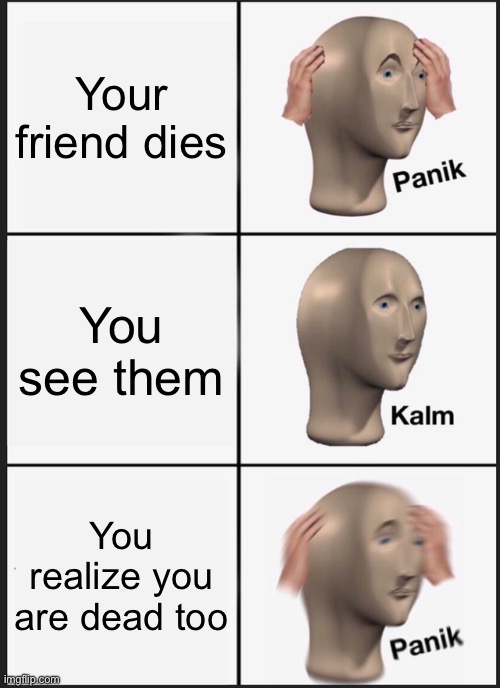 Dead friend | Your friend dies; You see them; You realize you are dead too | image tagged in memes,panik kalm panik | made w/ Imgflip meme maker