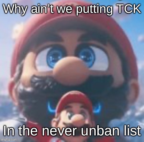 Mario high | Why ain’t we putting TCK; In the never unban list | image tagged in mario high | made w/ Imgflip meme maker