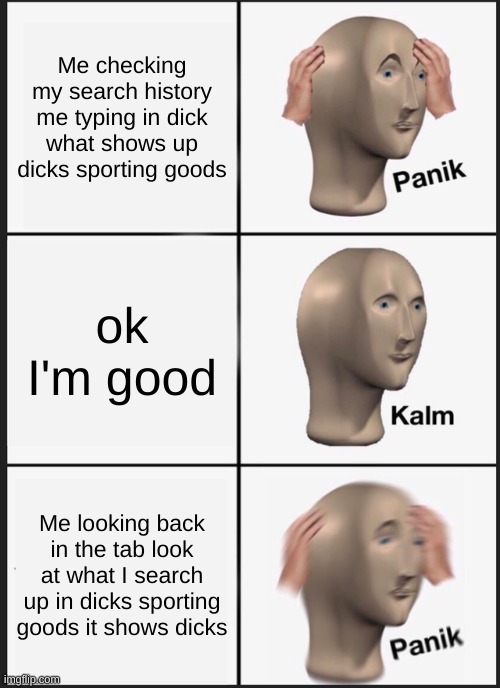 Why | Me checking my search history me typing in dick what shows up dicks sporting goods; ok I'm good; Me looking back in the tab look at what I search up in dicks sporting goods it shows dicks | image tagged in memes,panik kalm panik | made w/ Imgflip meme maker