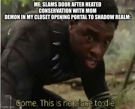 I was originally gonna use backrooms but I like shadow realm better | ME: SLAMS DOOR AFTER HEATED CONSERVATION WITH MOM
DEMON IN MY CLOSET OPENING PORTAL TO SHADOW REALM: | image tagged in come this is no place to die | made w/ Imgflip meme maker