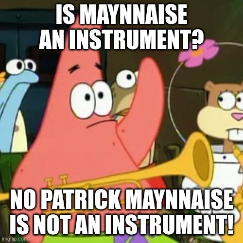 is maynnaise a instrument | IS MAYNNAISE AN INSTRUMENT? NO PATRICK MAYNNAISE IS NOT AN INSTRUMENT! | image tagged in memes,no patrick | made w/ Imgflip meme maker