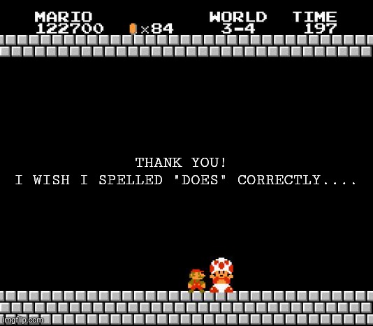 Thank You Mario | THANK YOU! 
I WISH I SPELLED "DOES" CORRECTLY.... | image tagged in thank you mario | made w/ Imgflip meme maker