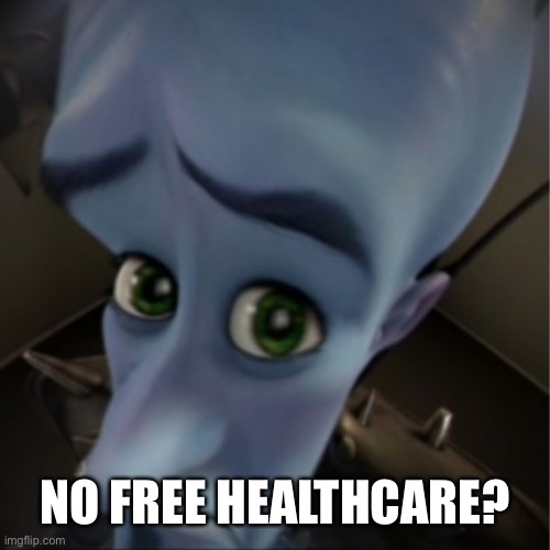 Megamind peeking | NO FREE HEALTHCARE? | image tagged in megamind peeking | made w/ Imgflip meme maker