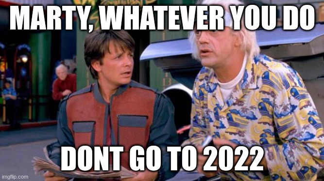 dont go to 2022 | MARTY, WHATEVER YOU DO; DONT GO TO 2022 | image tagged in back to the future | made w/ Imgflip meme maker
