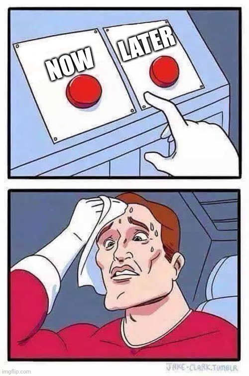 decisions | NOW LATER | image tagged in decisions | made w/ Imgflip meme maker