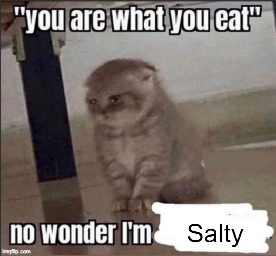 Self-roasting time! | Salty | image tagged in you are what you eat,ooh self-burn those are rare,imgflip,imgflip users,i have problems i know | made w/ Imgflip meme maker