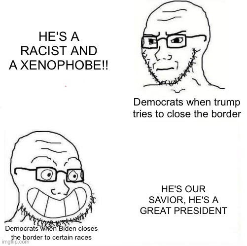 So True Wojak | HE'S A RACIST AND A XENOPHOBE!! Democrats when trump tries to close the border; HE'S OUR SAVIOR, HE'S A GREAT PRESIDENT; Democrats when Biden closes the border to certain races | image tagged in so true wojak | made w/ Imgflip meme maker