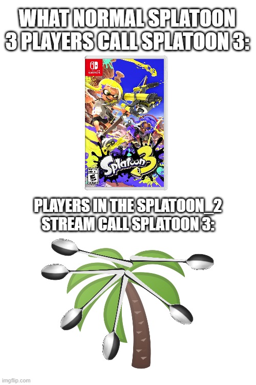 If you get it, you get it. | WHAT NORMAL SPLATOON 3 PLAYERS CALL SPLATOON 3:; PLAYERS IN THE SPLATOON_2 STREAM CALL SPLATOON 3: | image tagged in blank white template | made w/ Imgflip meme maker
