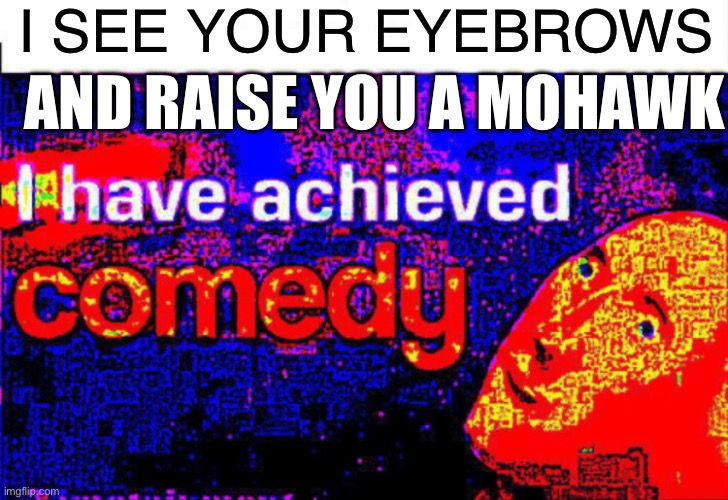 When an eyebrow is raised | I SEE YOUR EYEBROWS; AND RAISE YOU A MOHAWK | image tagged in i have achieved comedy,confused | made w/ Imgflip meme maker