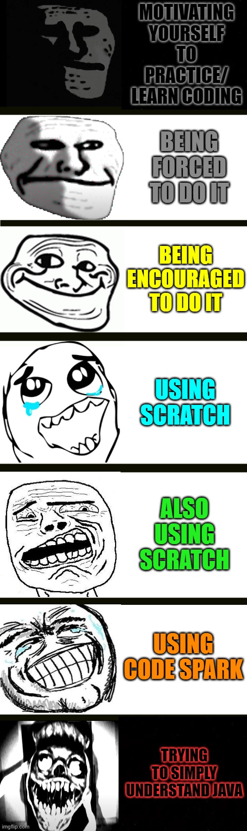 Coding is hard to learn... SIGGGHHH | MOTIVATING YOURSELF TO PRACTICE/ LEARN CODING; BEING FORCED TO DO IT; BEING ENCOURAGED TO DO IT; USING SCRATCH; ALSO USING SCRATCH; USING CODE SPARK; TRYING TO SIMPLY UNDERSTAND JAVA | image tagged in coding,rage comics | made w/ Imgflip meme maker