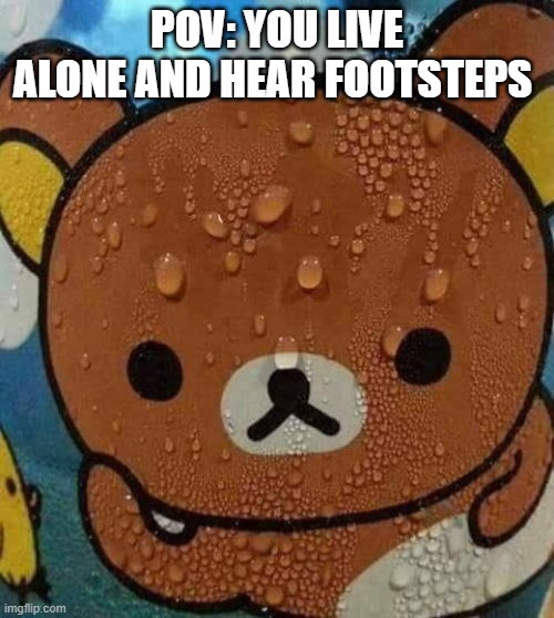 Bear sweating nervously | POV: YOU LIVE ALONE AND HEAR FOOTSTEPS | image tagged in bear sweating nervously | made w/ Imgflip meme maker