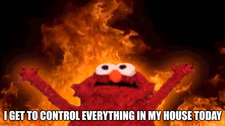 elmo fire | I GET TO CONTROL EVERYTHING IN MY HOUSE TODAY | image tagged in elmo fire | made w/ Imgflip meme maker