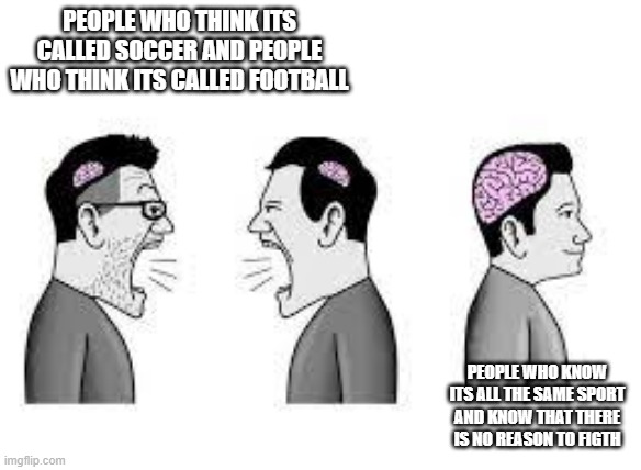 a | PEOPLE WHO THINK ITS CALLED SOCCER AND PEOPLE WHO THINK ITS CALLED FOOTBALL; PEOPLE WHO KNOW ITS ALL THE SAME SPORT AND KNOW THAT THERE IS NO REASON TO FIGTH | image tagged in memes | made w/ Imgflip meme maker