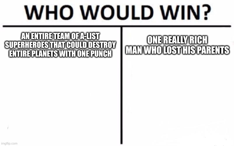 DC who would win | AN ENTIRE TEAM OF A-LIST SUPERHEROES THAT COULD DESTROY ENTIRE PLANETS WITH ONE PUNCH; ONE REALLY RICH MAN WHO LOST HIS PARENTS | image tagged in memes,who would win | made w/ Imgflip meme maker