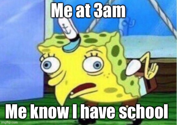 Me at 3am | Me at 3am; Me know I have school | image tagged in memes,mocking spongebob | made w/ Imgflip meme maker