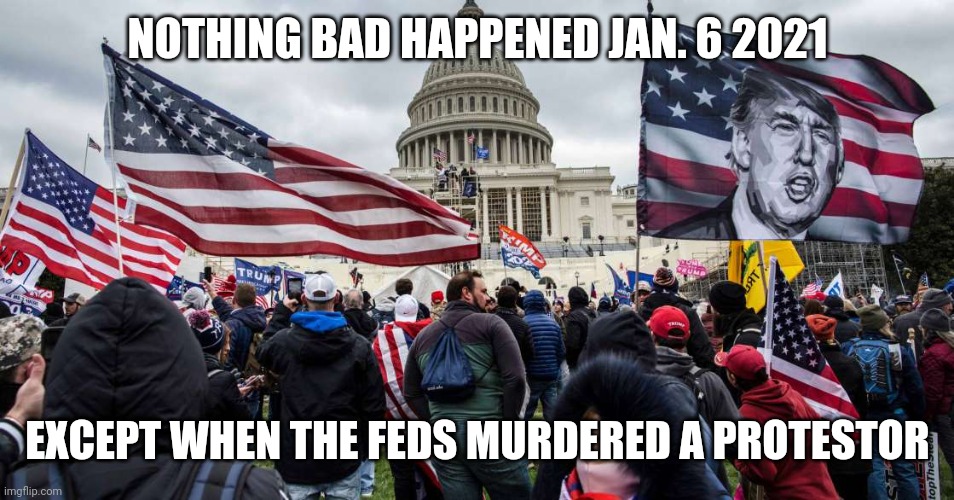Capitol Hill riot | NOTHING BAD HAPPENED JAN. 6 2021; EXCEPT WHEN THE FEDS MURDERED A PROTESTOR | image tagged in capitol hill riot | made w/ Imgflip meme maker
